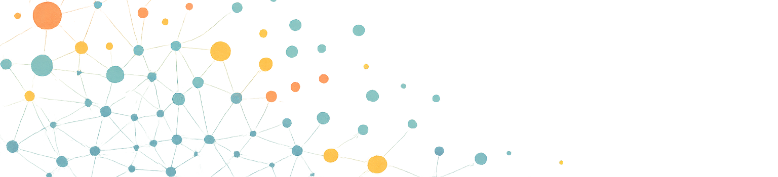 Kokonaisarkkitehtuurin visuaalinen banneri Abstrakti verkostomainen graafinen kuvio, jossa on toisiinsa viivoin yhdistyneitä pisteitä eri väreissä. Symboloi kokonaisarkkitehtuurin eri osien ja suhteiden verkostoa.
